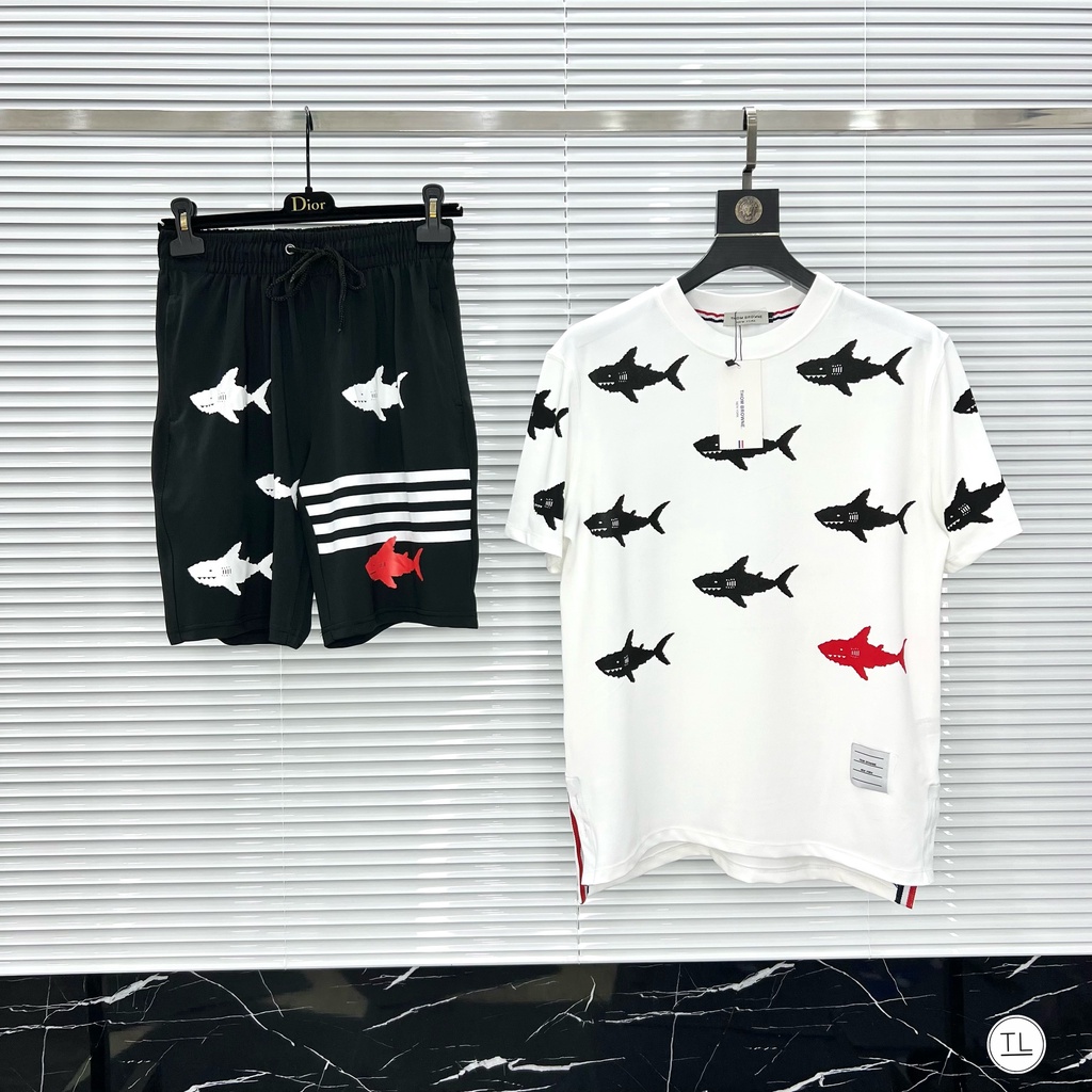 Bộ quần áo thể thao nam mùa hè cổ bẻ tay ngắn áo polo thom browne hình cá (ảnh thật)