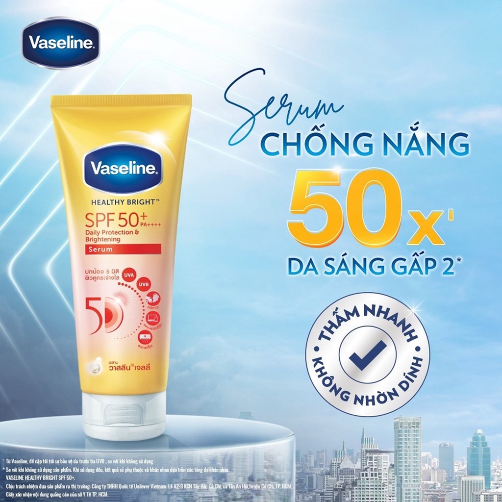 Serum chống nắng Vaseline 50x, sáng da gấp 2x Daily Healthy Bright SPF 50+ PA++++ 300ml