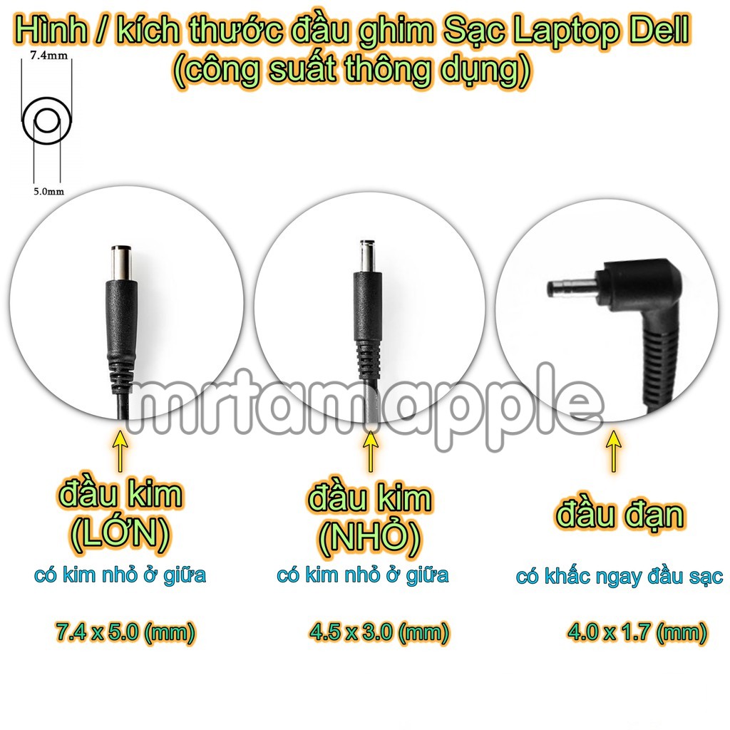 (ADAPTER) SẠC LAPTOP DELL 19.5V-7.7A (150W) (SLIM, Đầu Kim Lớn) kích thước đầu ghim (ADAPTER) SẠC 7.4 x 5.0 mm