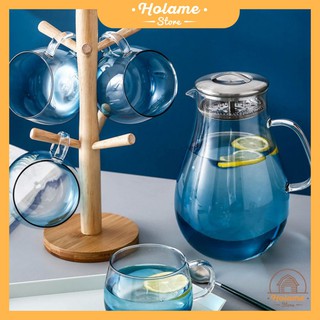 Bình thủy tinh, bộ bình thủy tinh kèm 4 cốc và giá treo cốc bằng gỗ - thủy tinh Borosilicate cao cấp phong cách Bắc Âu