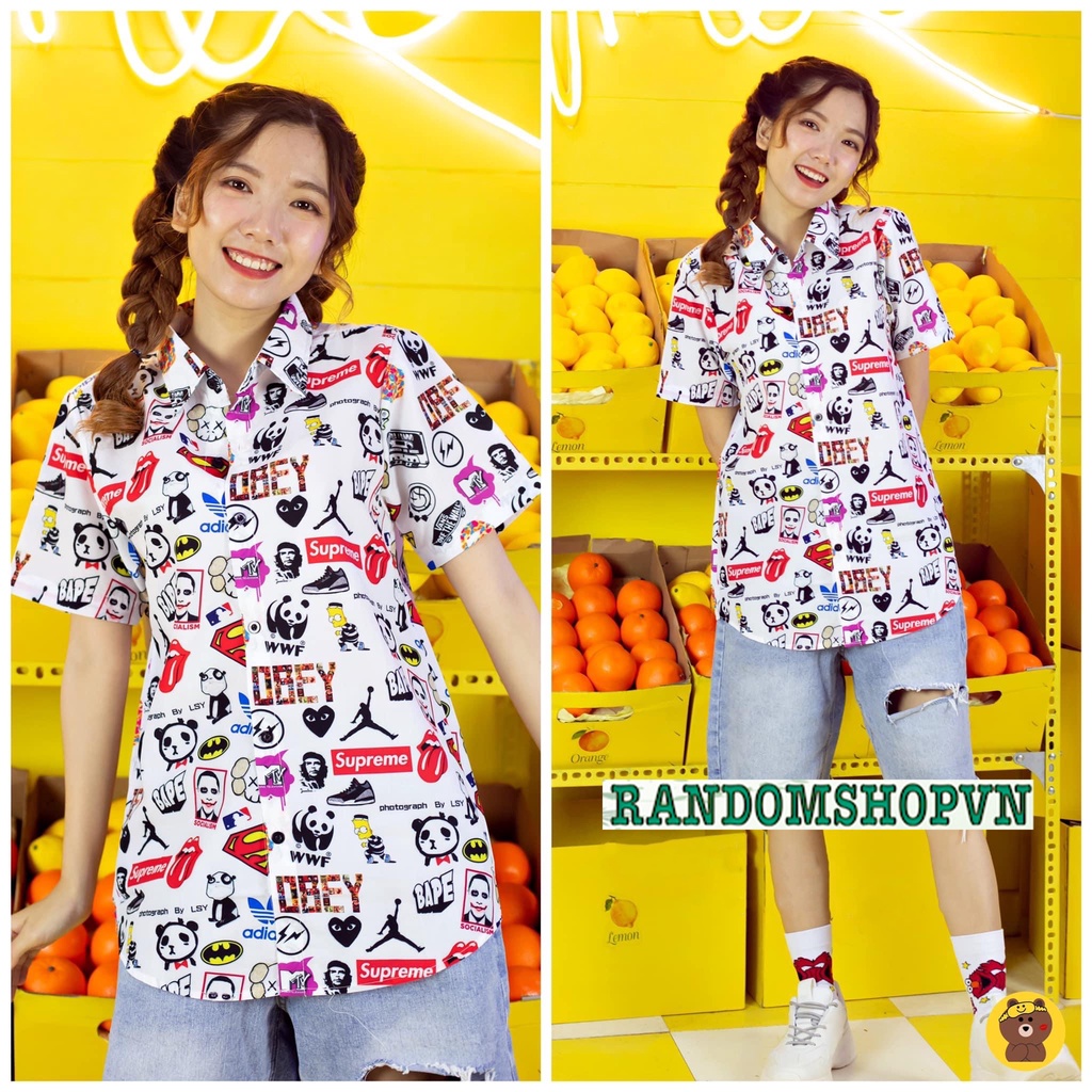 Áo sơ mi hoạt hình đi biển chất liệu kate lụa thích hợp mặc áo nhóm, áo lớp sơ mi