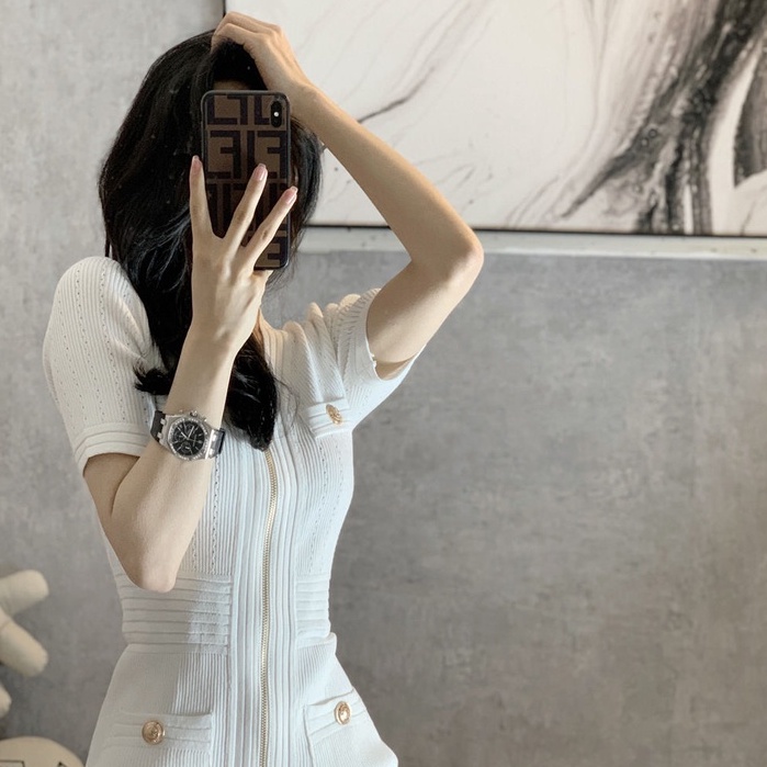 2023 Đầm vải dệt kim ôm eo kiểu retro Pháp thời trang mùa hè cho nữ