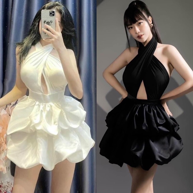 Đầm xoè bí tầng cổ yếm hở lưng