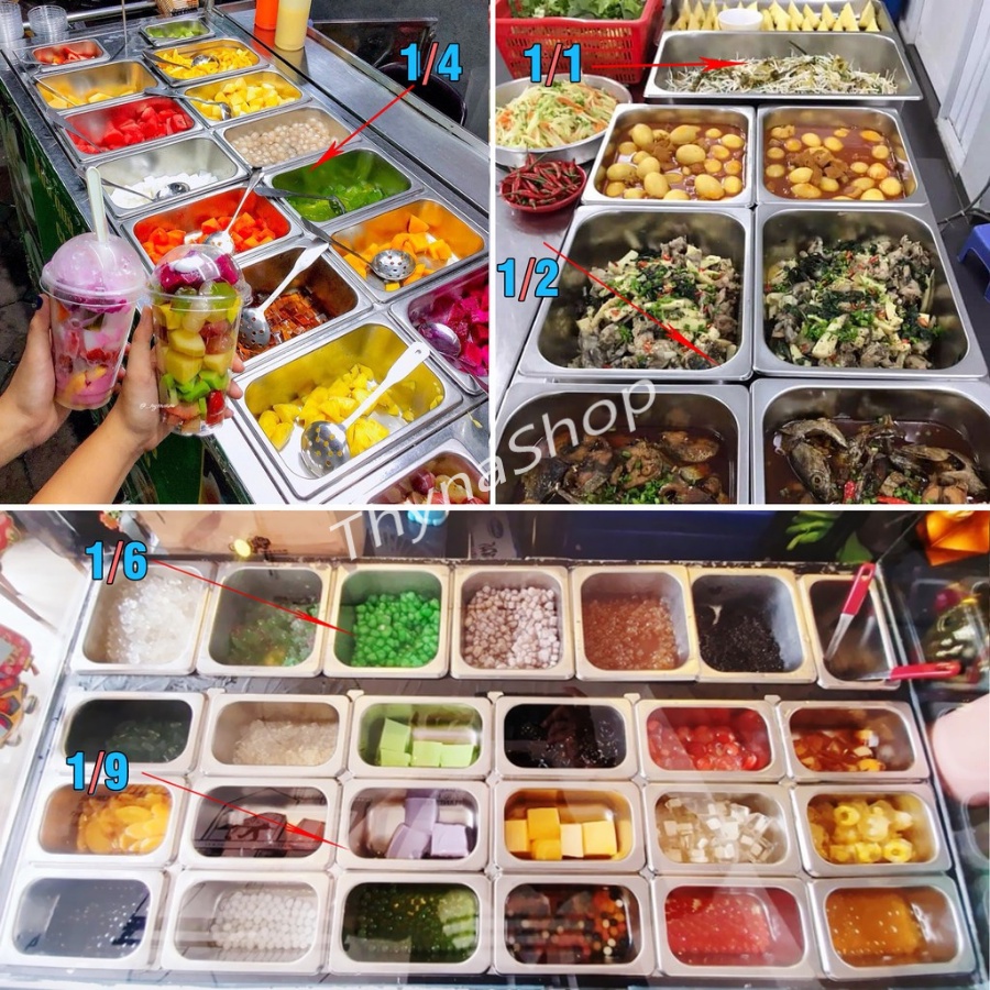 Khay inox đựng topping trà sữa, thạch, trân châu, nhân bánh mì, buffet, kem, thực phẩm