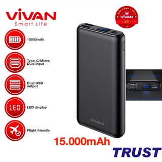 15.000mah pin sạc dự phòng vivan 12w 2 cổng đầu ra/đầu vào - vpb-h15