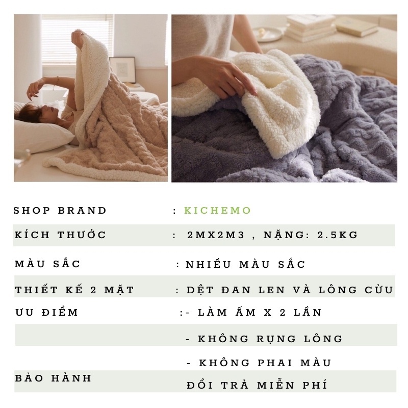 Chăn Len Lông Cừu TAFURONG_LOẠI 1_Mềm Len Cừu Mông Cổ thế hệ mới Làm ấm nhanh, Nặng 2kg5, Kích thước 2mx2m3