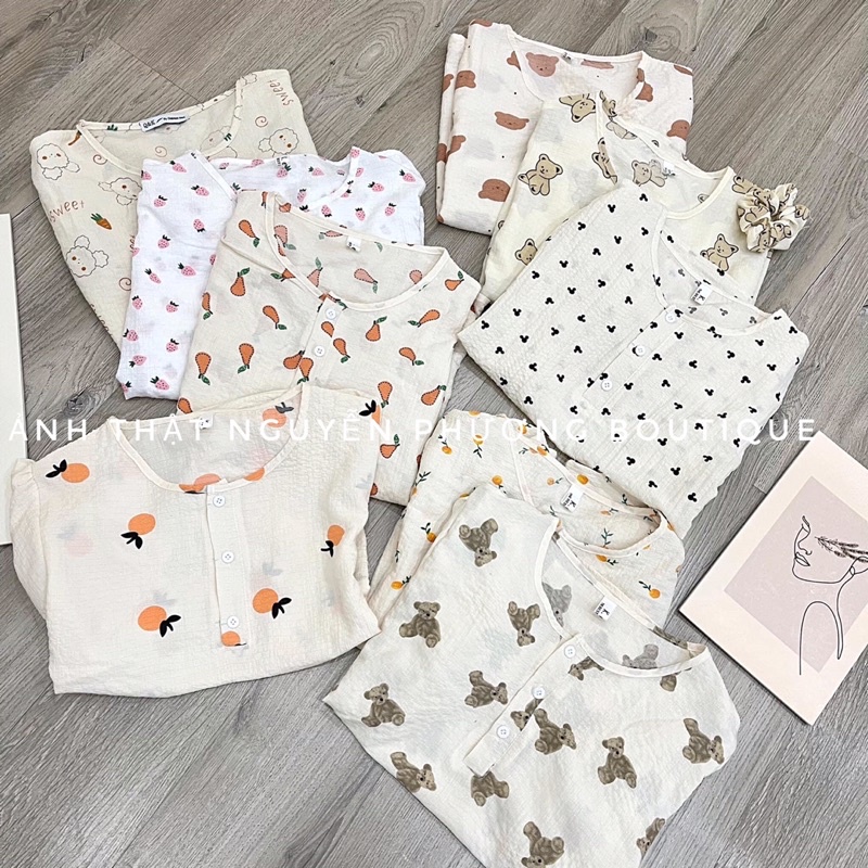 Bộ đồ ngủ pyjama vải xốp mát nhiều hình dễ thương bộ ngủ ulzzang kèm chun buộc tóc xinh