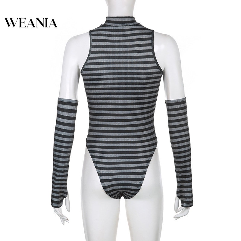 Bộ Áo Liền Quần Cổ Cao Kẻ Sọc Kèm Găng Tay Gợi Cảm Cho Nữ