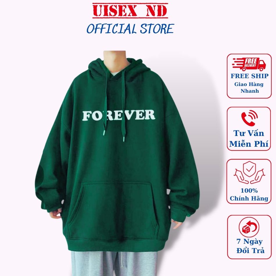 Áo nỉ có mũ in chữ Forever 3 màu xám, trắng đen, đủ size, chất dày dặn ấm áp, form rộng tay dài