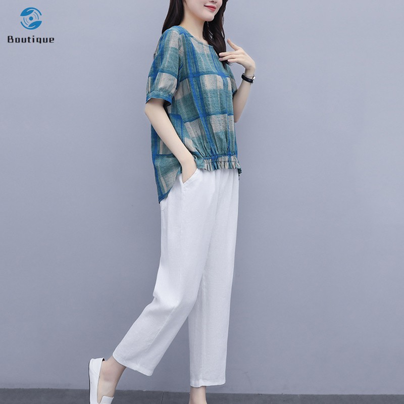  Women's Shirts Pants Suit Plaid Cotton Top Cotton Fabric Pants Fashion Casual Short Sleeve Summer Suit