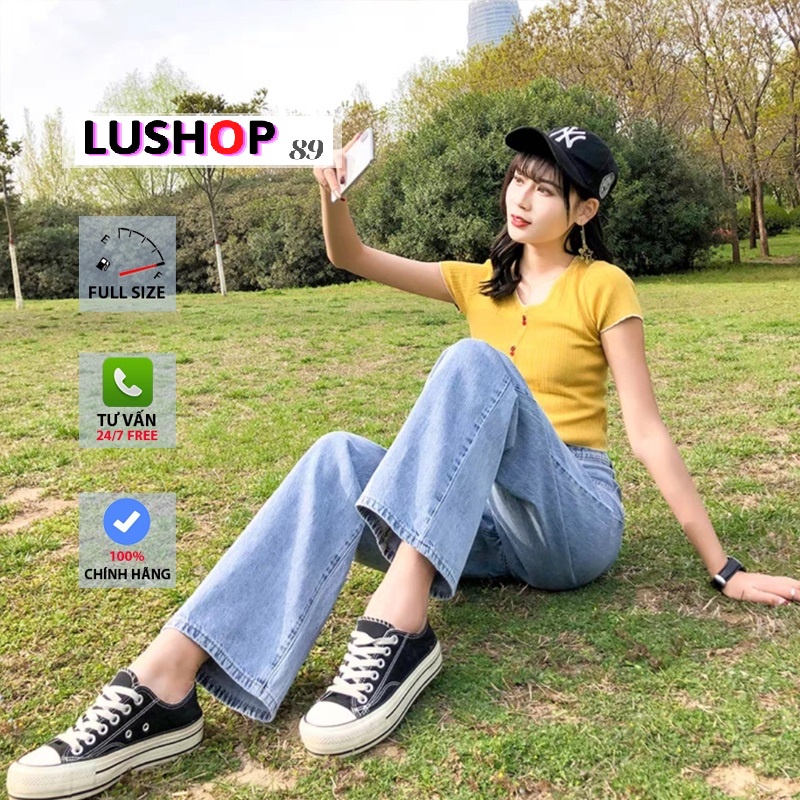 Quần jean bò ống rộng màu Xanh nhạt Rách Gối quần jean bò ống suông jeans nữ cạp cao hot 2021 QT33 | BigBuy360 - bigbuy360.vn