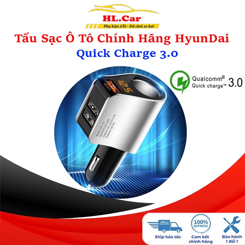 Tẩu Sạc Ô Tô, Xe Hơi Hyundai Chính Hãng, Có Đèn Led Báo Điện Áp - 3 Cổng USB, 1 Cổng Tẩu Tròn