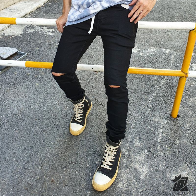 Quần jean Skinny nam Streetwear DATINO màu đen rách gối nhỏ co giãn, bền màu