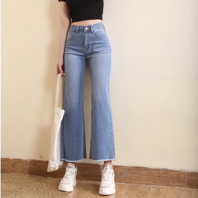 Quần Jean Nữ Ống Rộng cạp cao co giãn cơ bản Trơn Tua CT JEANS