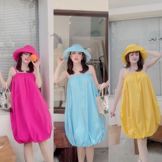 Set váy 2 dây kèm mũ 3 màu cute, váy 2 dây dáng suông bo chun siêu xinh có ảnh thật kèm video