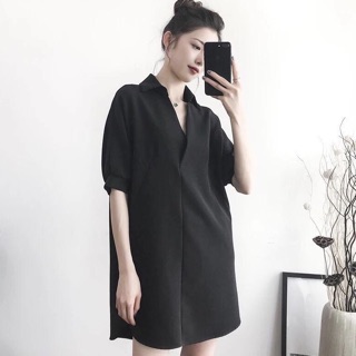 Đầm váy sơ mi đen cột eo - form to (kèm hình thật)