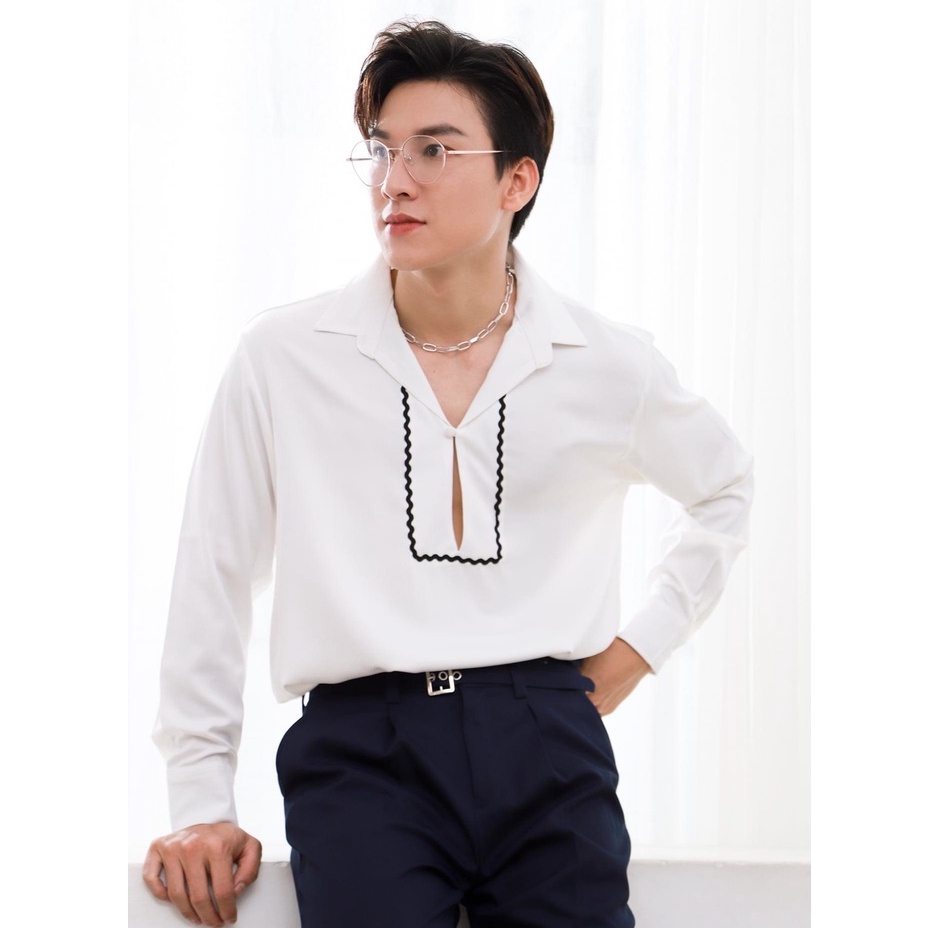 Áo Sơ Mi Nam Dài Tay Màu Trắng Phối Zigzag Thương Hiệu MrTwins®