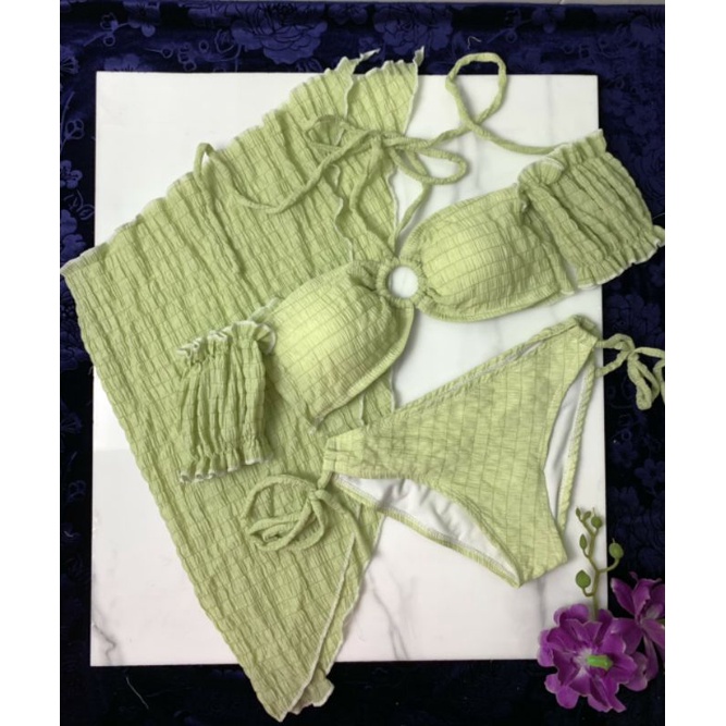 [Sẵn Hàng] Bikini đồ bơi 3 mảnh tay bồng phối khoen thun nhún vải xốp thái