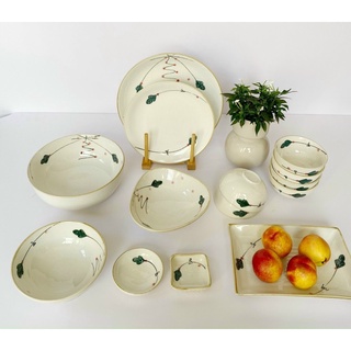 Set bát đĩa 14-15 món men trứng, phong cách Nhật. Gốm sứ Bát Tràng cao cấp.