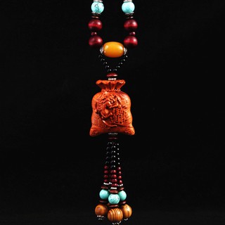 Dây phong thủy treo xe ô tô hình Túi tiền tài lộc bằng gỗ gụ