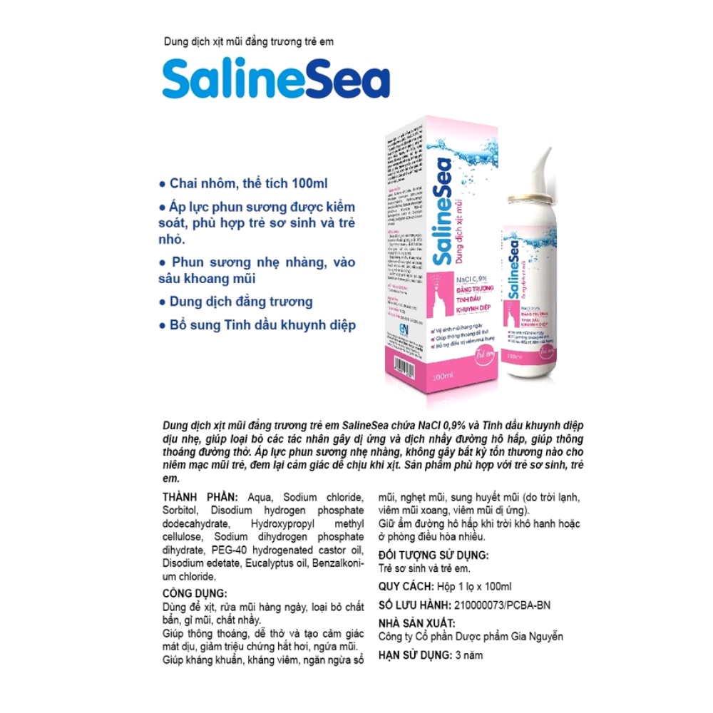 SalineSea. Dung xịt mũi cho trẻ em trẻ sơ sinh vệ sinh mũi hàng ngày giúp thông thoáng giảm khô và nghẹt mũi lọ 100ml