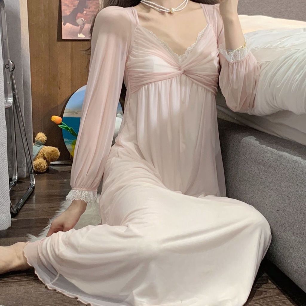 Đầm Ngủ Tay Dài Phối Ren Có Mút Đệm Ngực Thời Trang Xuân Thu Quyến Rũ Cho Nữ