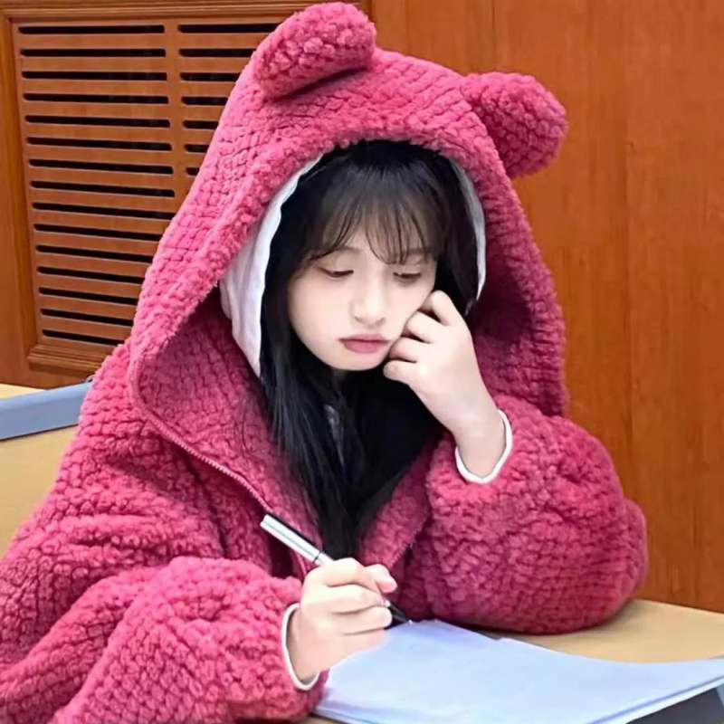 Áo Khoác Hoodie Len Lông Cừu Dáng Rộng In Hình Dâu Tây/Gấu Hồng Dễ Thương Kiểu Nhật Hàn Thời Trang Thu Đông Cho Nữ