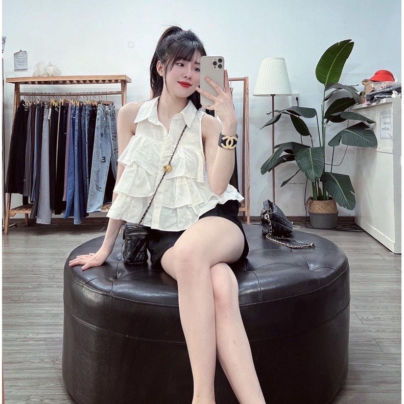 Áo sơ mi nữ sát nách bèo 3 tầng chất thô mềm- sơ mi babydoll cổ yếm màu trắng/xanh//nâu phong cách hàn quốc