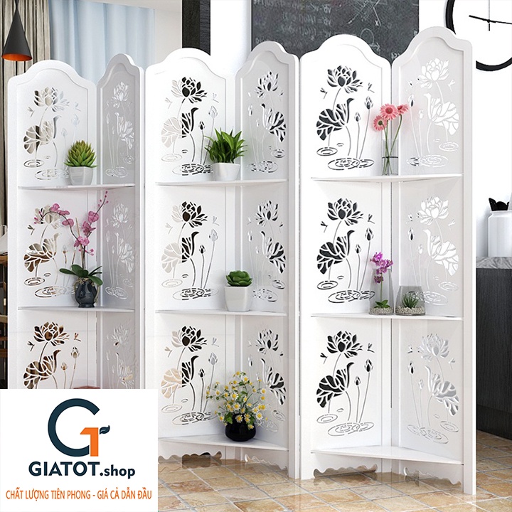 Bình phong 4 tấm hoa sen to dưới nước có kệ GT478 (Bình phong hoa văn)