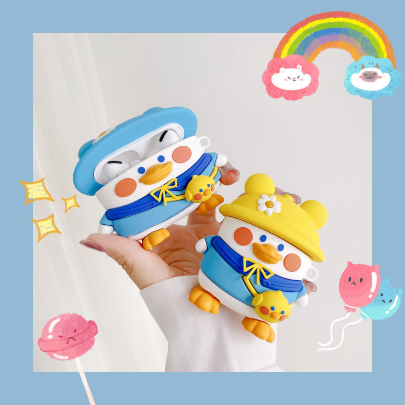 Vỏ Bảo Vệ Hộp Sạc Tai Nghe Airpods 1/2/Pro Bằng Silicon Hình Chú Vịt Đội Nón Dễ Thương