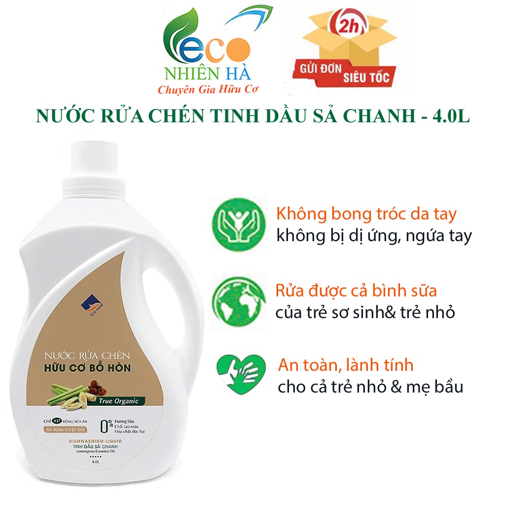 Nước rửa chén hữu cơ ECOCARE 4L tinh dầu sả chanh, nước rửa bát cho bé, an toàn da tay