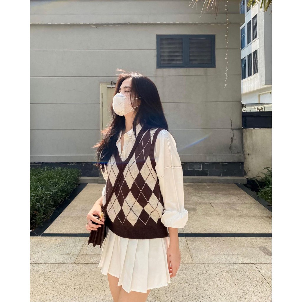 Áo Gile len nữ Dáng rộng Họa Tiết Caro Ulzzang Hàn Quốc