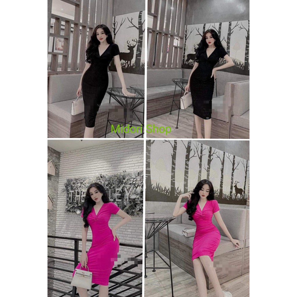 Đầm body xoắn ngực tay ngắn 3 màu ôm dáng chất thun xịn xò