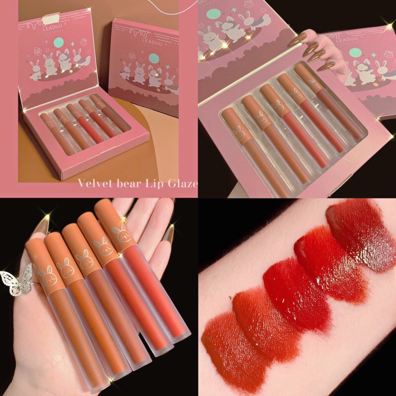 Set 5 son kem lì Leaduu Thỏ Kem lì  Mềm Mịn Đẹp Hken Set 3 Son Herorang