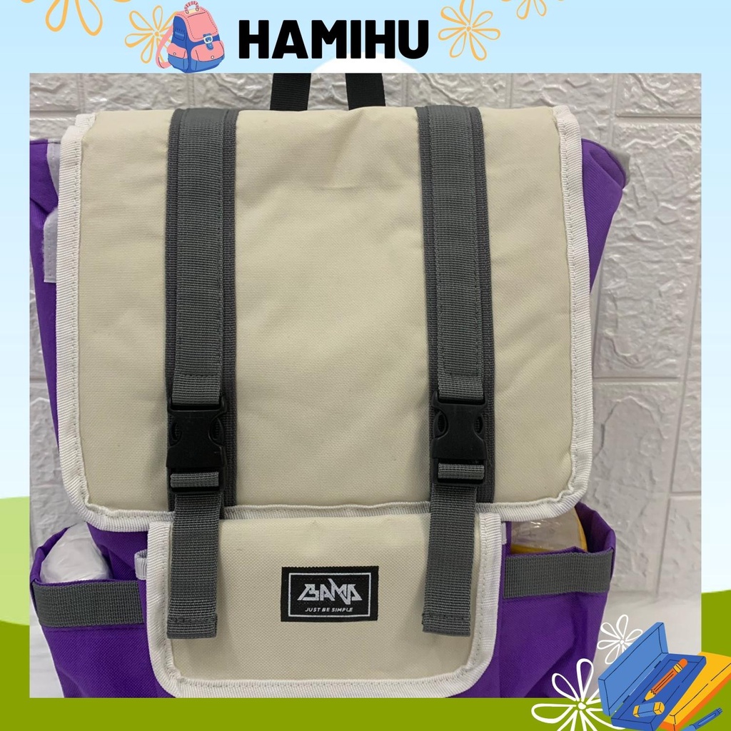 Balo thời trang bama, balo đi học Hamahu HM9, balo Ulzzang màu tím/vàng/ đen