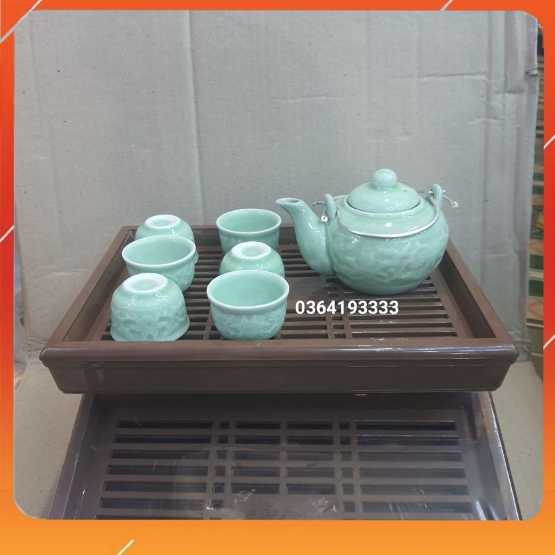 ﹍SIÊURẺ Bộ ấm chén sứ xanh ngọc 1 6 khay