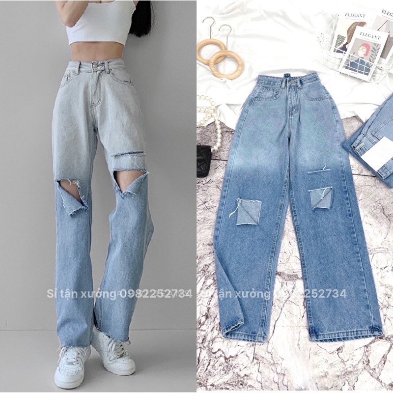 Quần jean suông nữ lưng cao rách gối, quần bò ống rộng loang màu chất xịn phong cách Hàn Quốc 9612