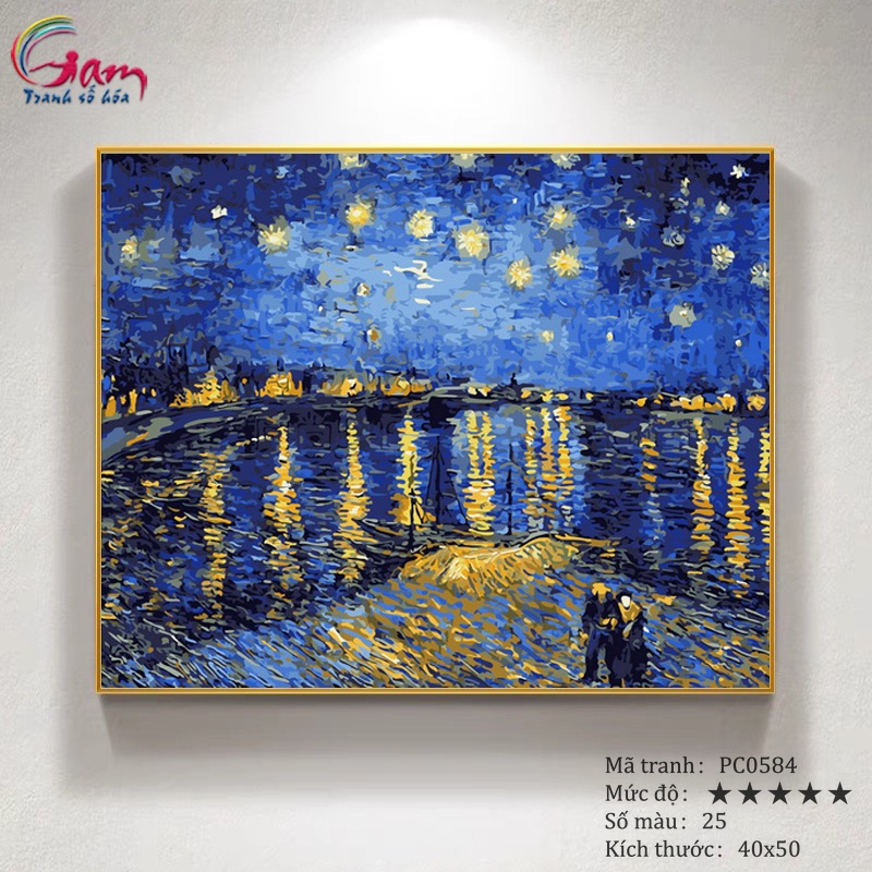 Tranh số hoá Gam Van gogh Đêm đầy sao trên sông Rhone căng khung 40x50cm PC0584