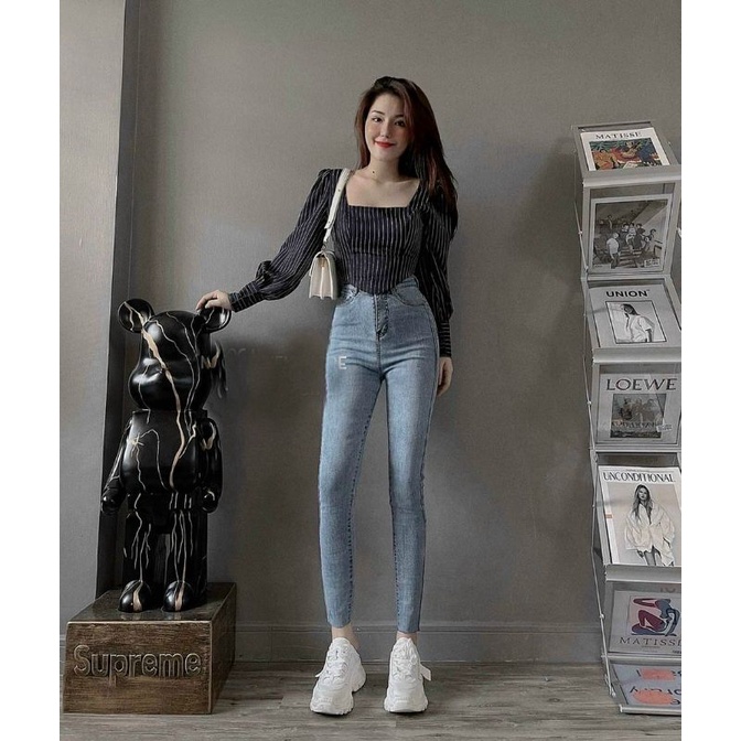 [FREE SHIP] Áo croptop cổ vuông xanh Navy tôn eo đẹp mê li
