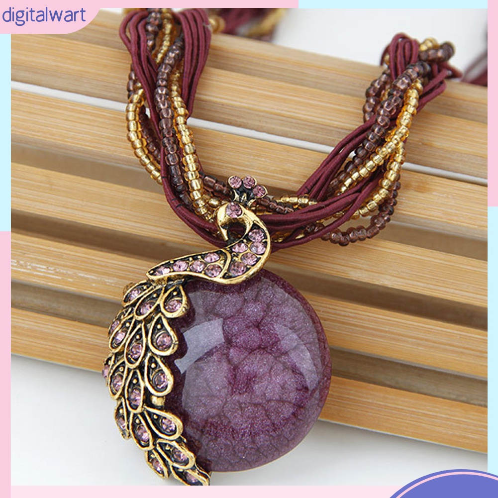 Vòng cổ Mặt Tròn Hình Chim Công Đính Đá Opal Nhân Tạo Phong Cách Bohemian