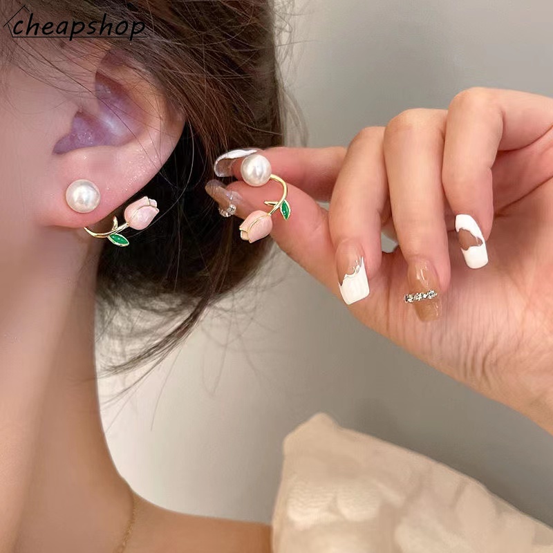 iF YOU Hoa Tai Hình Hoa Tulip Đính Hạt Ngọc Trai Thanh Lịch Cho Nữ