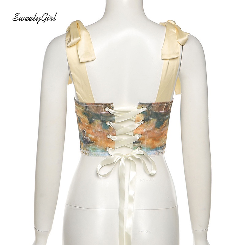 Áo Tank Top Cổ Tròn Thắt Nơ In Họa Tiết Nhiều Màu Sắc Thời Trang 2022 Quyến Rũ Cho Nữ