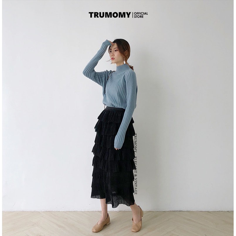 Chân váy tầng dài maxi kiểu 8 tầng xếp ly vải ren nhũ Quảng Châu - Trumomy Women’s Skirts