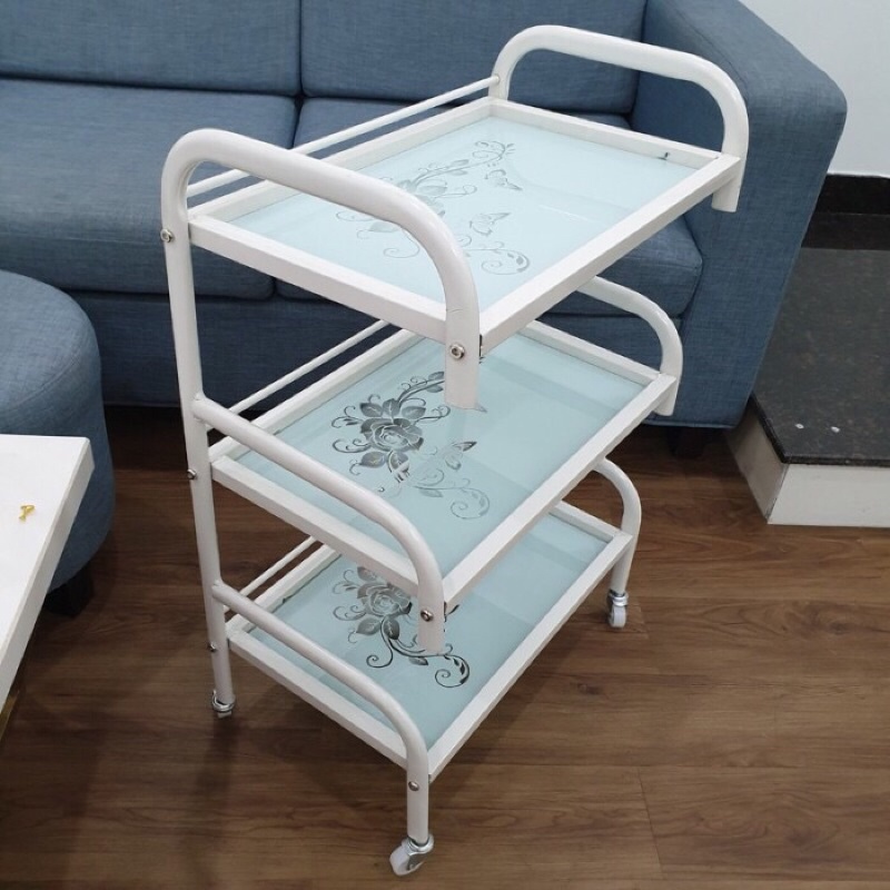 Xe đẩy 3 tầng mặt kính hoa văn dùng trong Spa, phun xăm, nail và thẩm mỹ