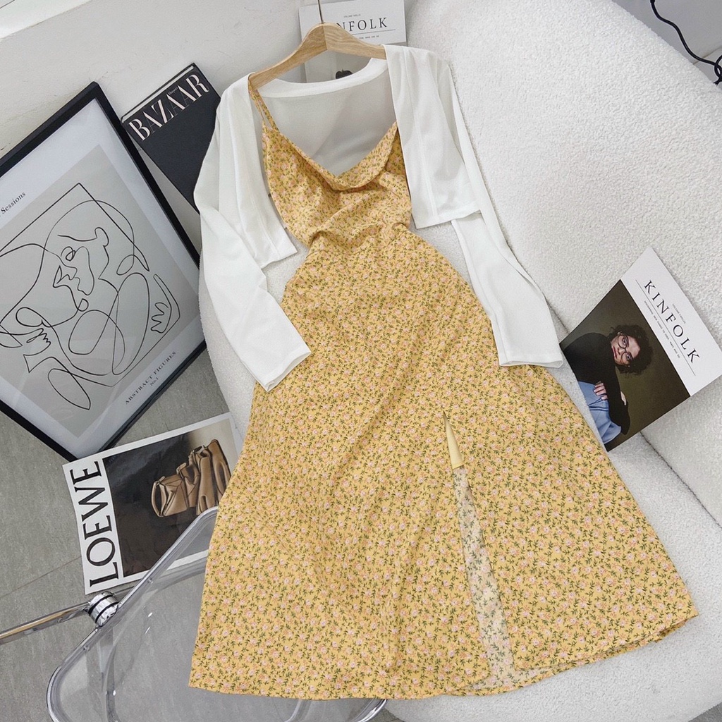 Set đầm 2 dây hoa kèm khoác cardigan màu vàng siêu tôn da | BigBuy360 - bigbuy360.vn