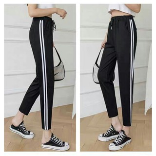 Quần thể thao jogger nữ lưng cao cạp chun chất đẹp vải umi hàn màu đen phối sọc trắng mặc nhà thể dục tập gym yoga