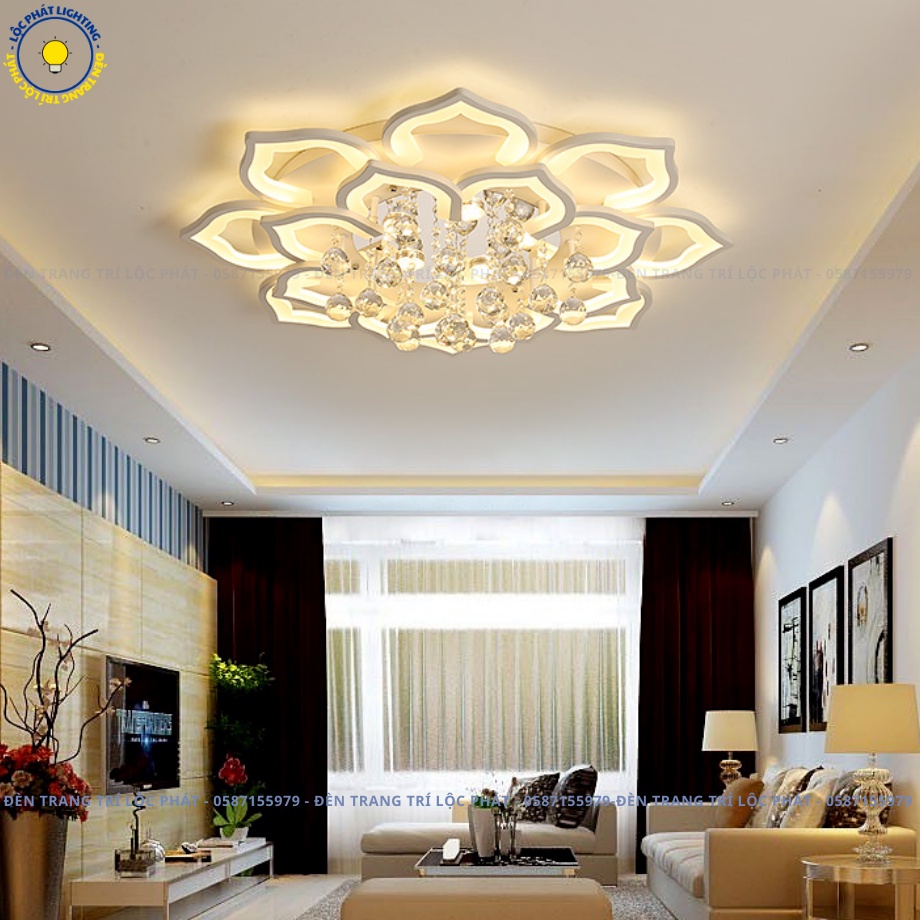 Đèn trần, đèn ốp trần 16 cánh hoa sen thả pha lê 3 chế độ ánh sáng kèm khiển trang trí phòng khách hiện đại