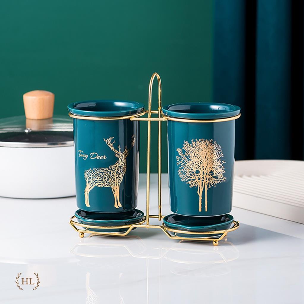 Ống cắm đũa sứ xanh cao cấp | Ống đũa 2 Xanh Ngọc Bích | 2 ỐNG ĐỰNG ĐŨA CHẤT LIỆU SỨ KHUNG KIM LOẠI