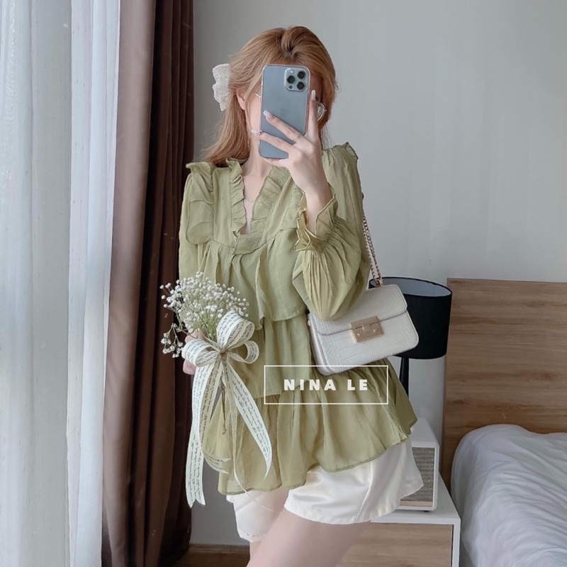 Set áo baby doll tầng cổ viền bèo đỏ xanh với quần short lưng thun chất takta cá tính nữ | BigBuy360 - bigbuy360.vn