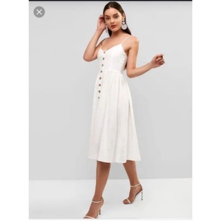 Đầm midi đũi linen Express vnxk đầm hai dây dáng dài xoè phối hàng nút trước form babydoll xuất khẩu dư xịn màu trắng